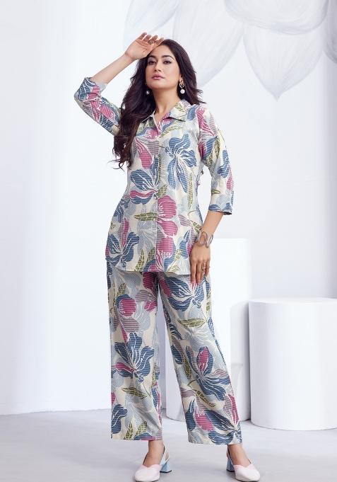 Sky Blue Printed Linen Blend Co-Ords Set