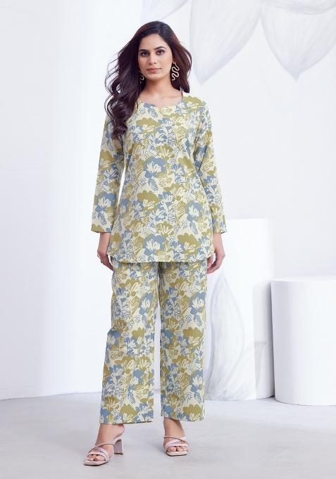 Cream Printed Linen Blend Co-Ords Set