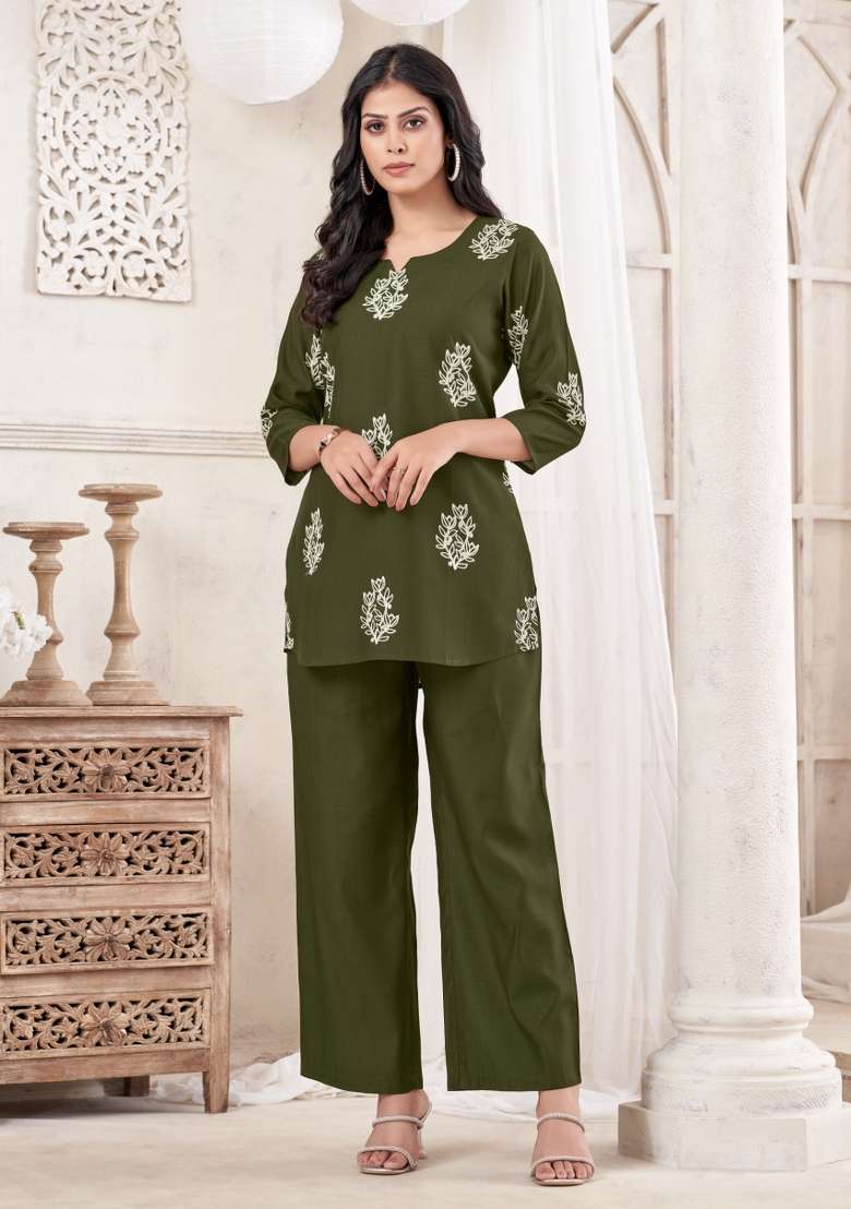 Green Dori Work Cotton Co-Ords Set - Indya