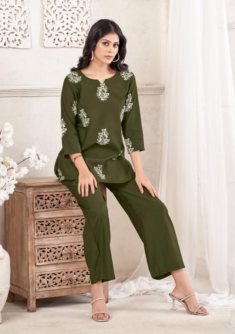 Green Dori Work Cotton Co-Ords Set - Indya
