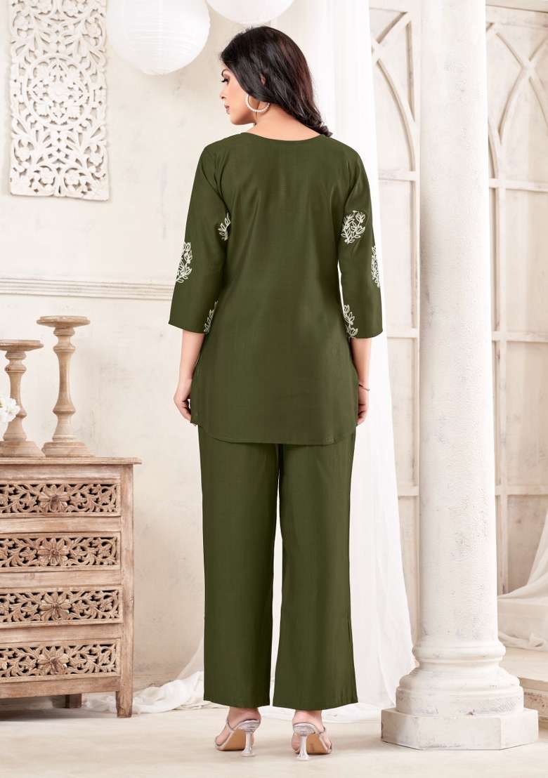 Green Dori Work Cotton Co-Ords Set - Indya