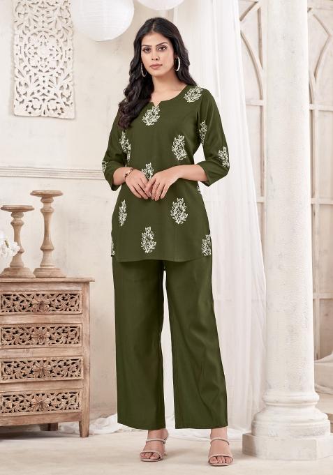 Green Dori Work Cotton Co-Ords Set