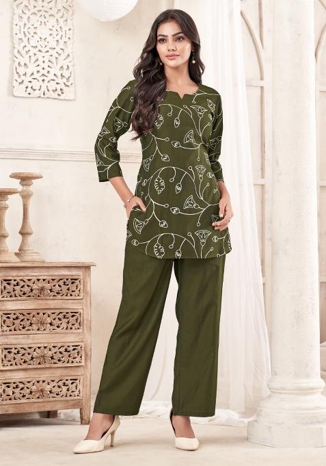 Green Dori Work Cotton Co-Ords Set