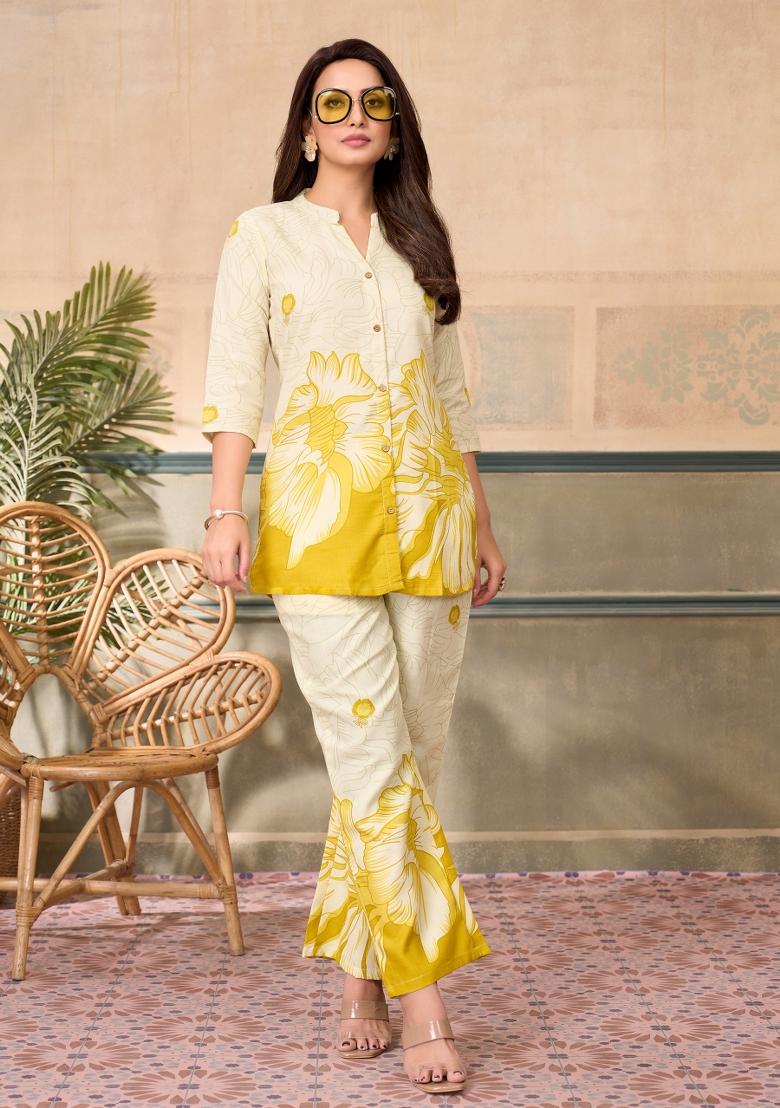 Yellow Printed Linen Blend Co-Ords Set - Indya