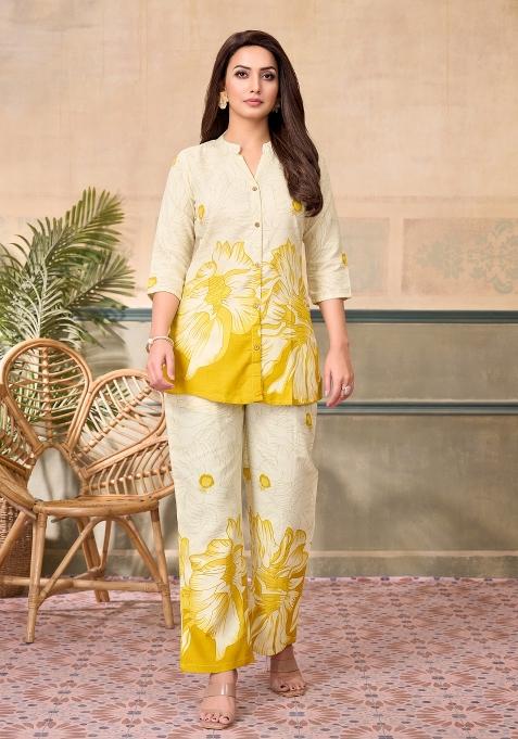 Yellow Printed Linen Blend Co-Ords Set
