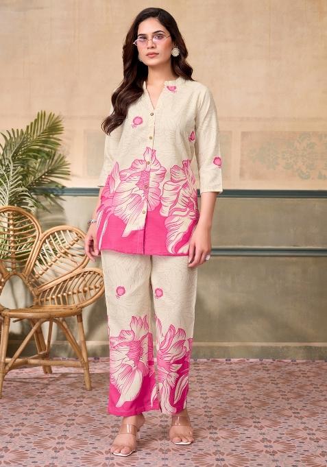 Pink Printed Linen Blend Co-Ords Set