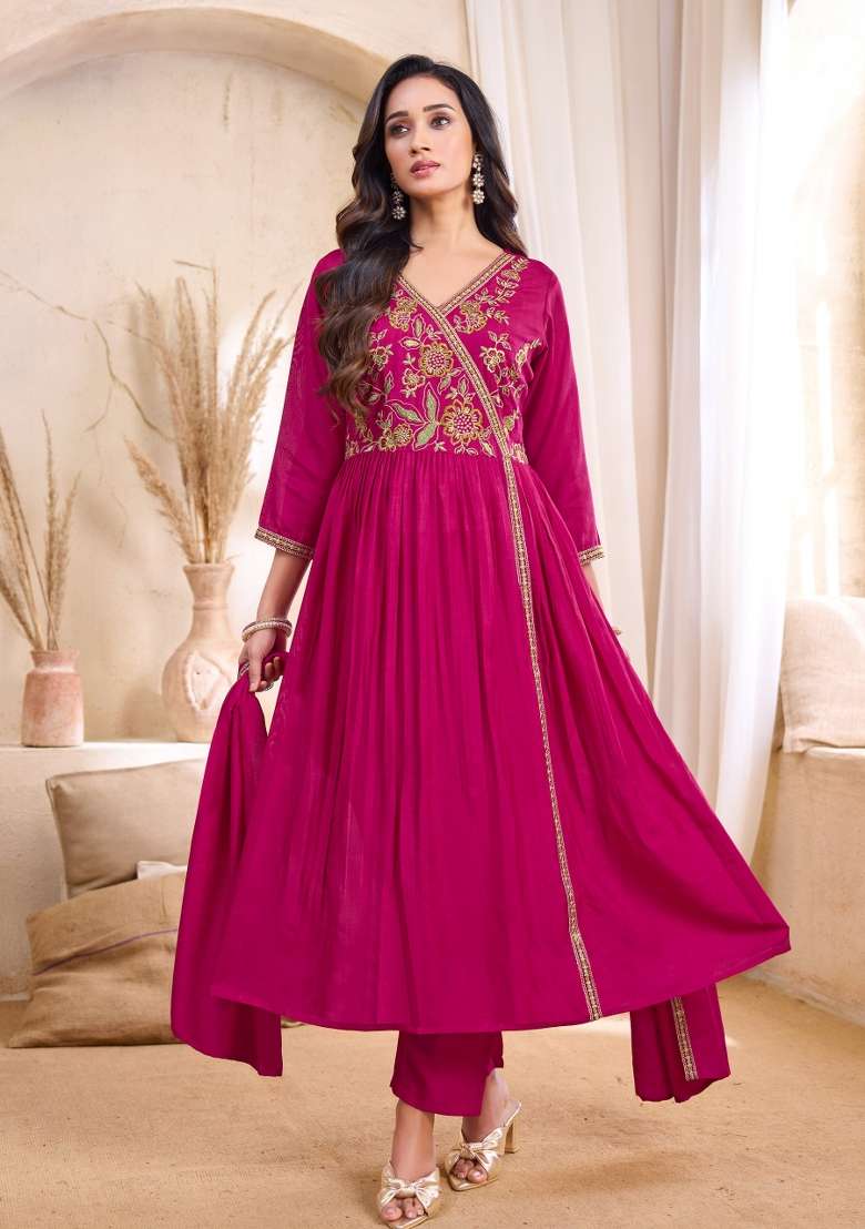 Pink Embroidered Silk Blend Anarkali Set - Indya