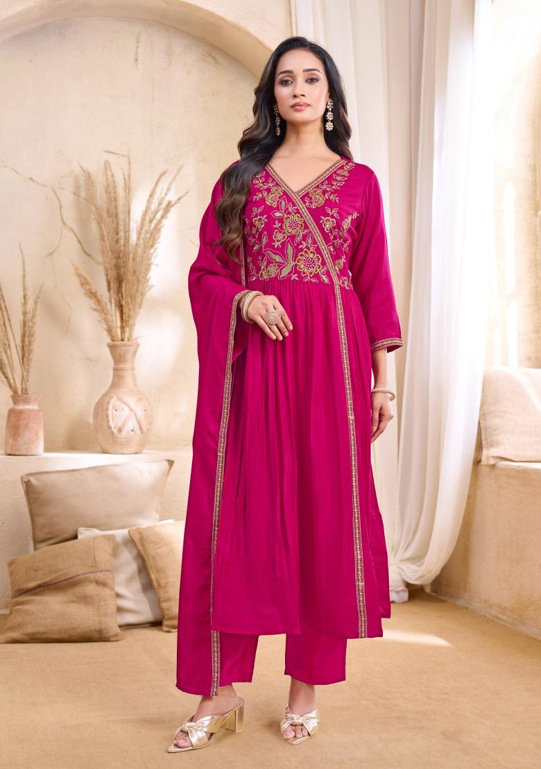 Pink Embroidered Silk Blend Anarkali Set - Indya