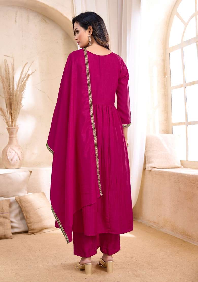 Pink Embroidered Silk Blend Anarkali Set - Indya