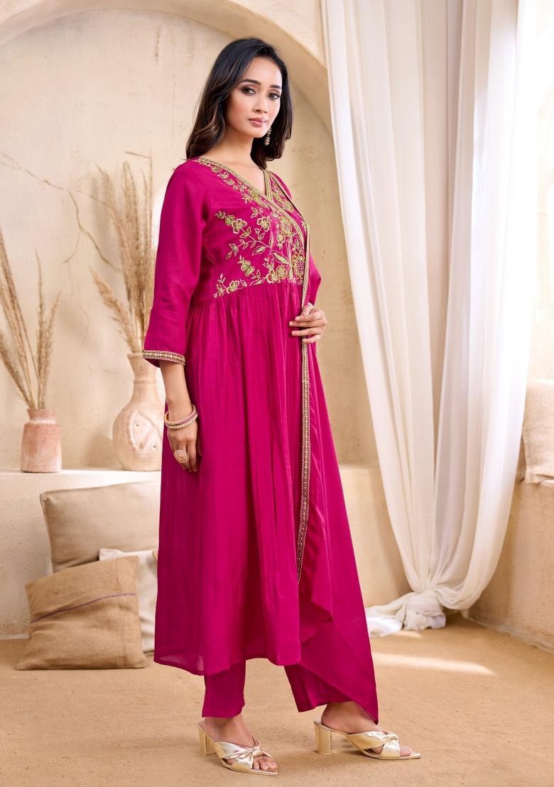 Pink Embroidered Silk Blend Anarkali Set - Indya