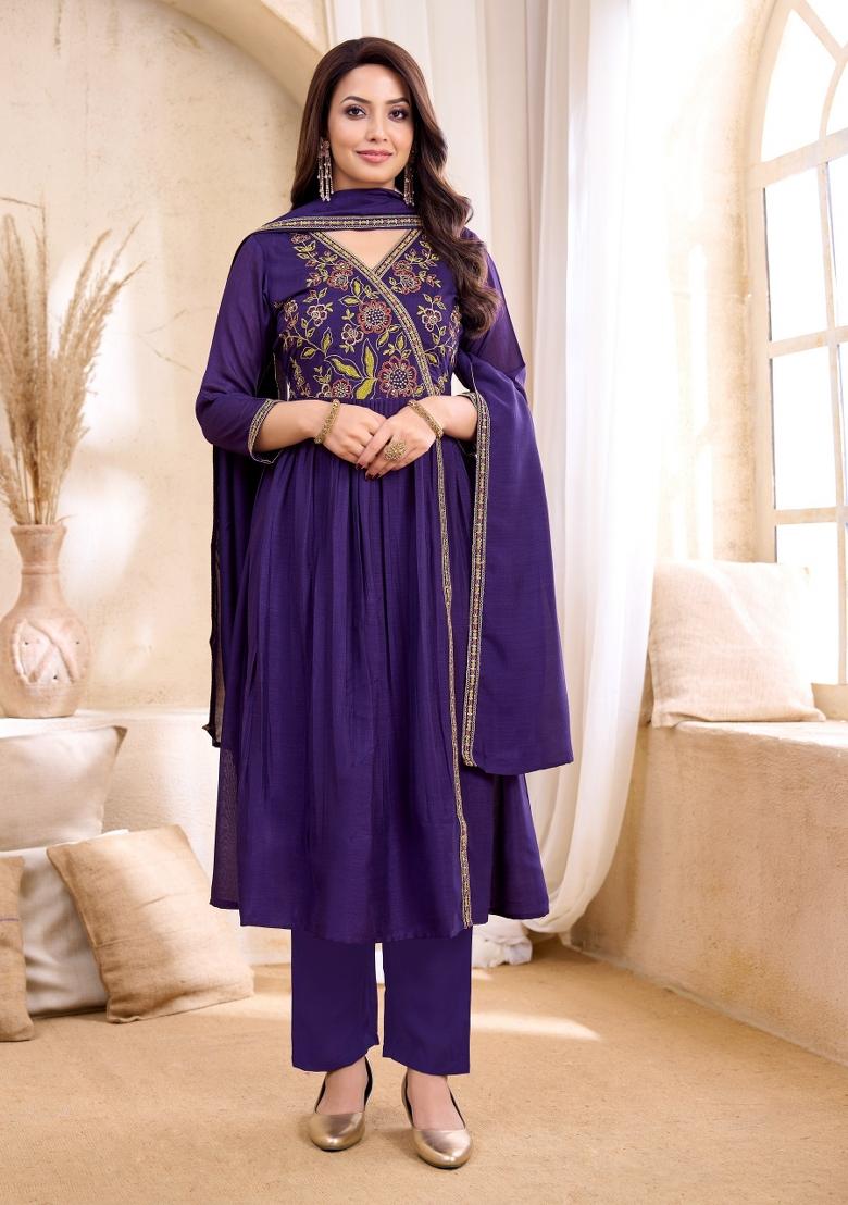 Purple Embroidered Silk Blend Anarkali Set - Indya