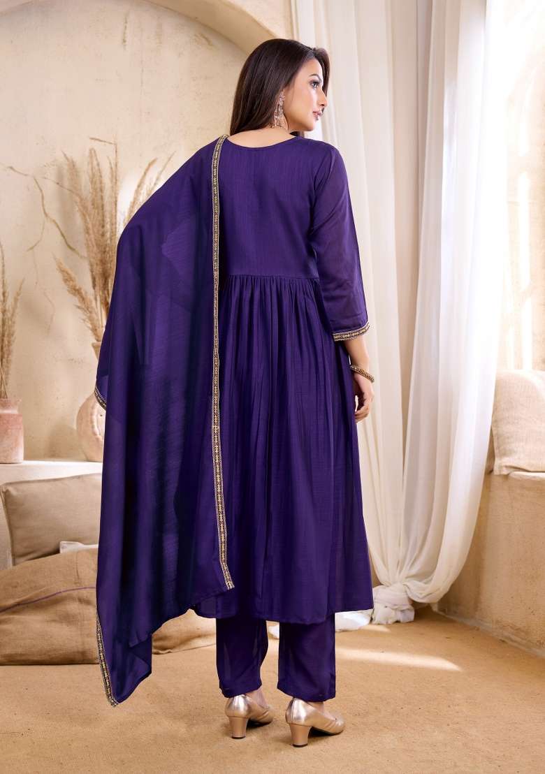 Purple Embroidered Silk Blend Anarkali Set - Indya