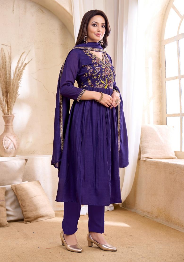 Purple Embroidered Silk Blend Anarkali Set - Indya