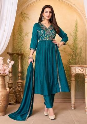 Teal Embroidered Silk Blend Anarkali Set