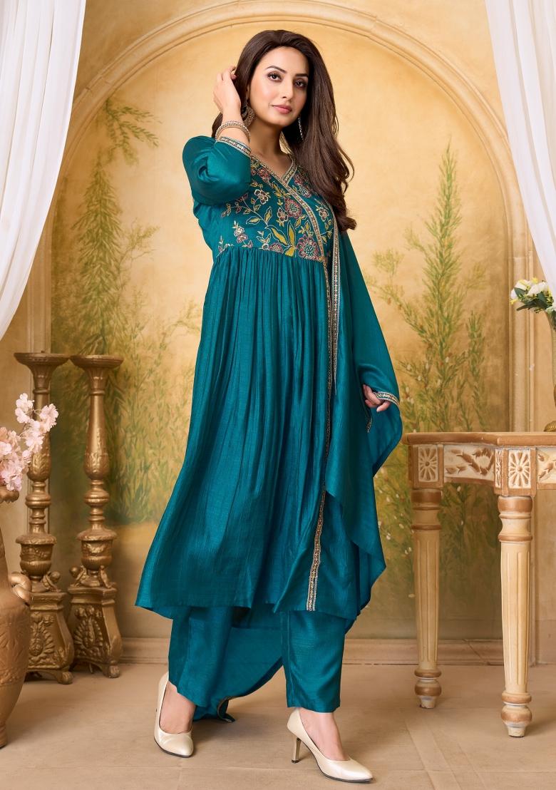 Teal Embroidered Silk Blend Anarkali Set - Indya