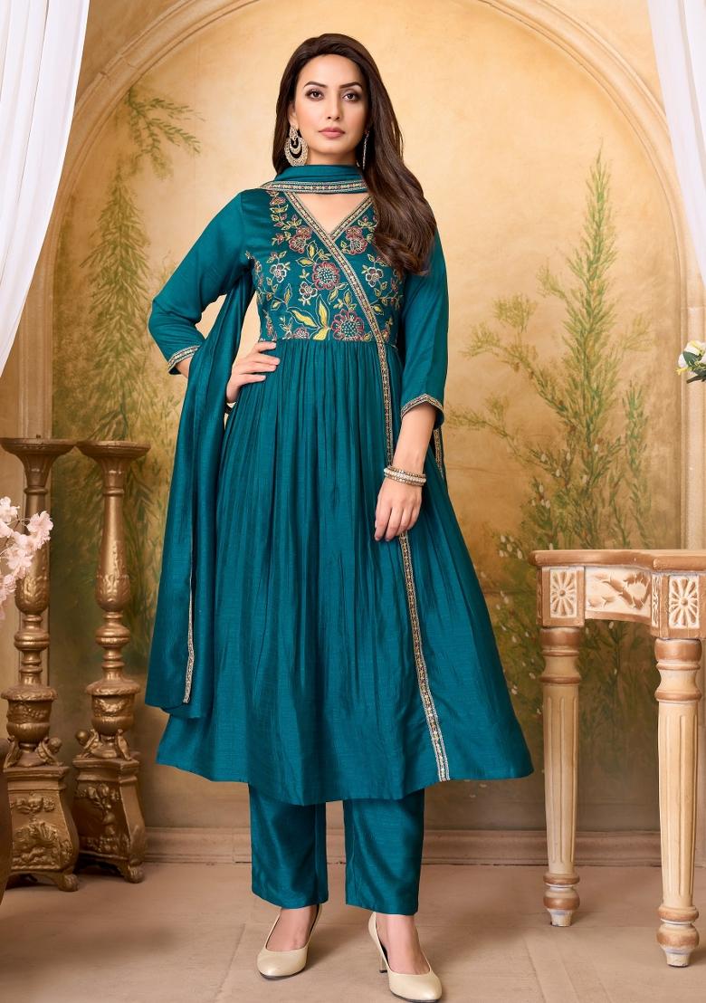Teal Embroidered Silk Blend Anarkali Set - Indya