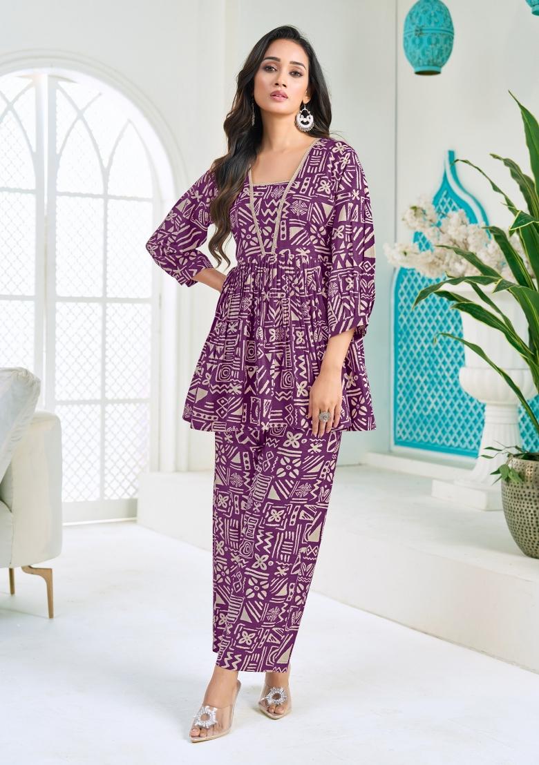 Purple Printed Silk Co-Ords Set - Indya