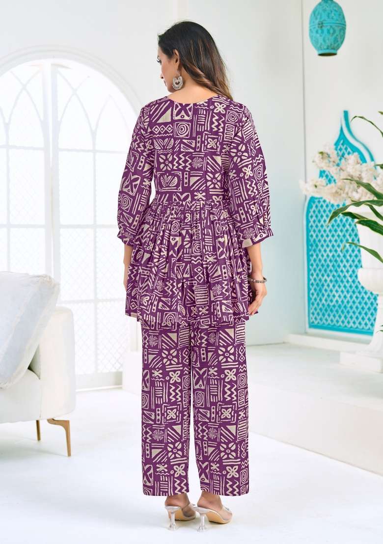 Purple Printed Silk Co-Ords Set - Indya