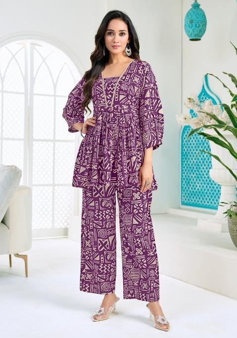 Purple Printed Silk Co-Ords Set