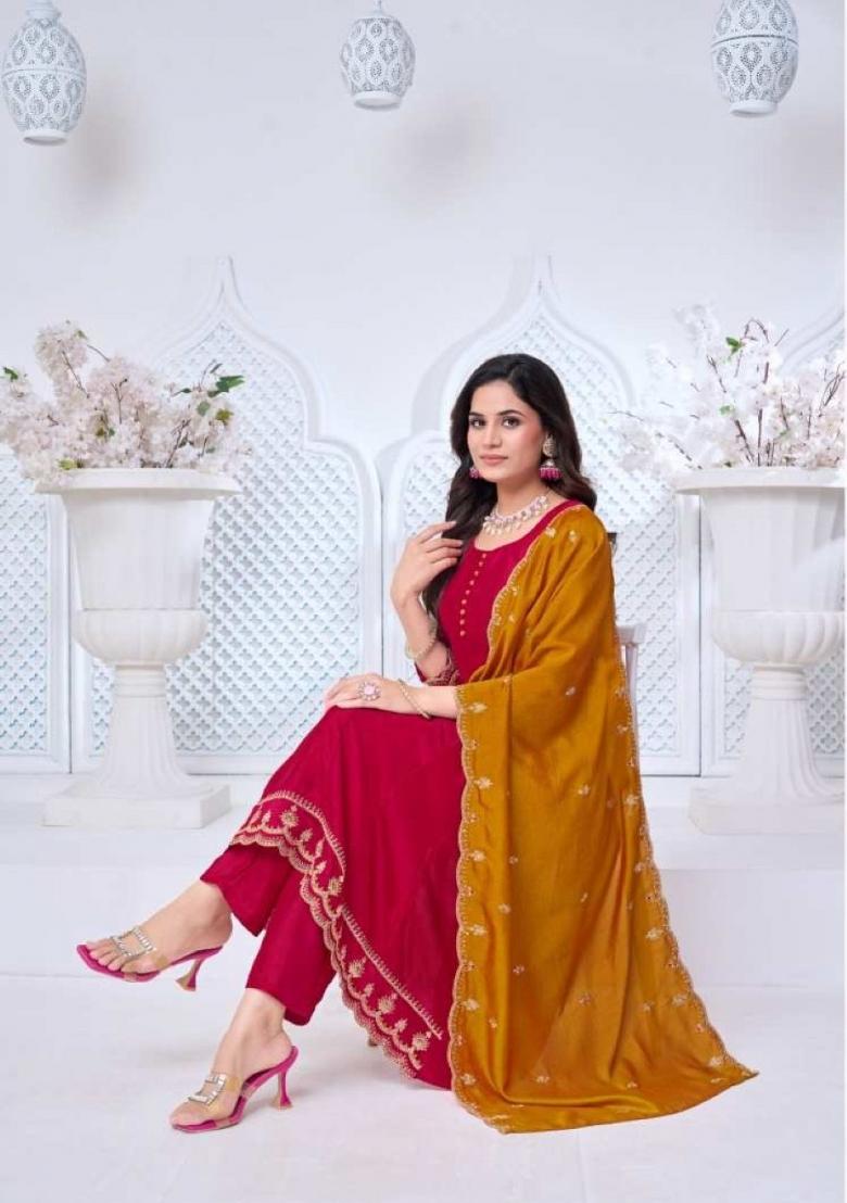 Pink Embroidered Silk Blend Anarkali Set - Indya