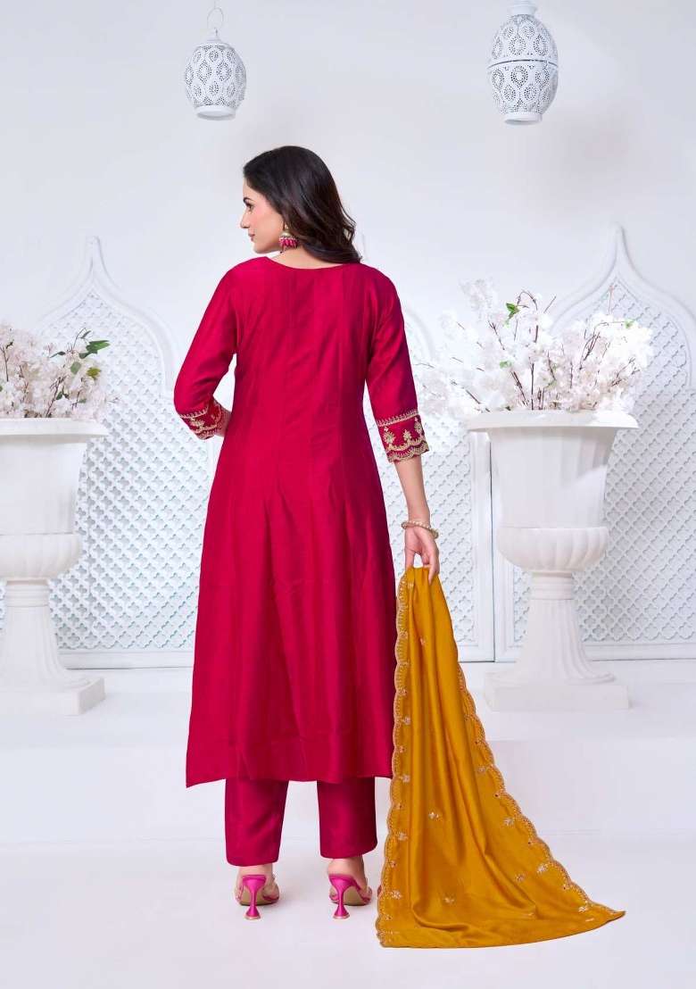 Pink Embroidered Silk Blend Anarkali Set - Indya