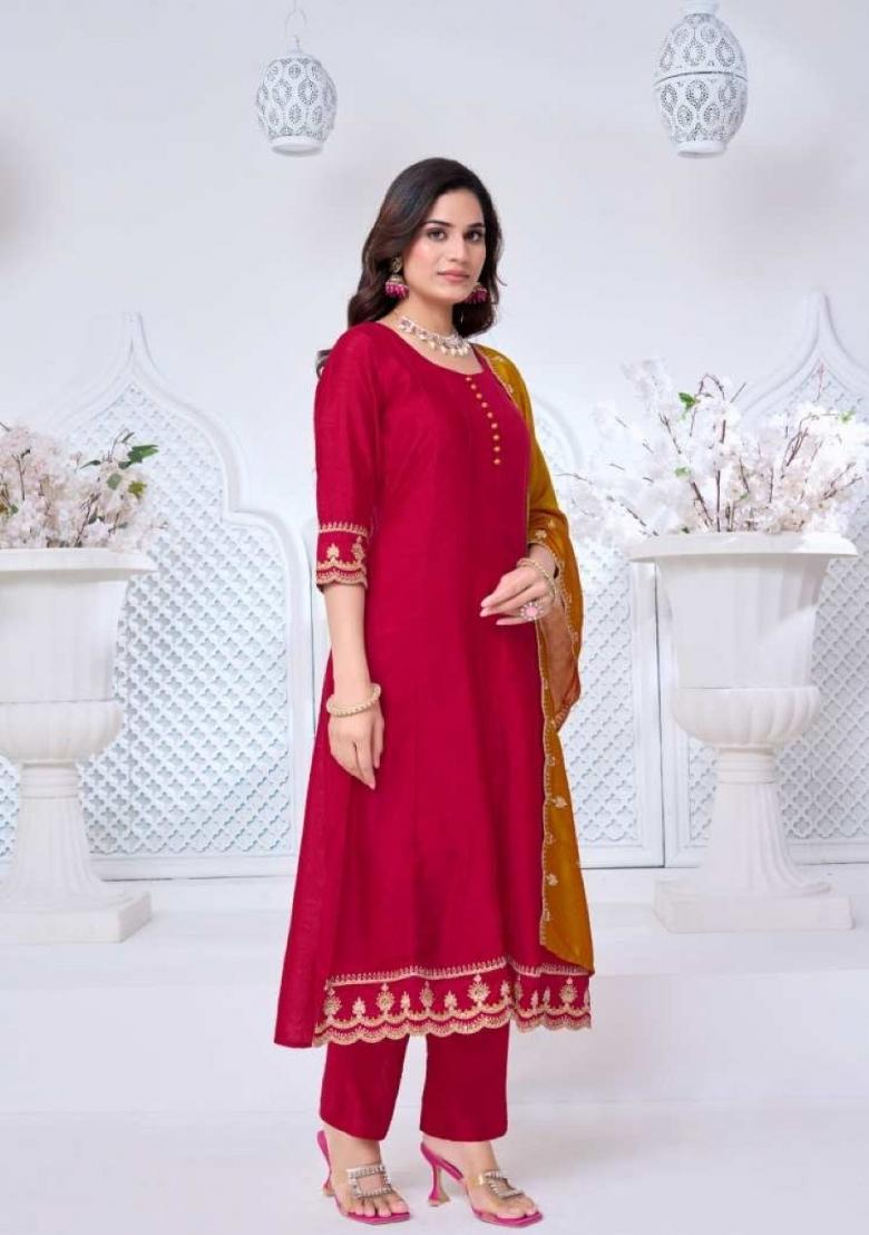 Pink Embroidered Silk Blend Anarkali Set - Indya