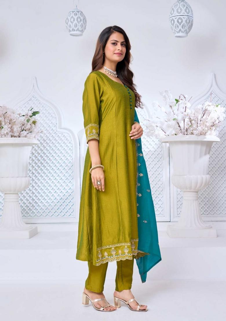 Light Green Embroidered Silk Blend Anarkali Set - Indya
