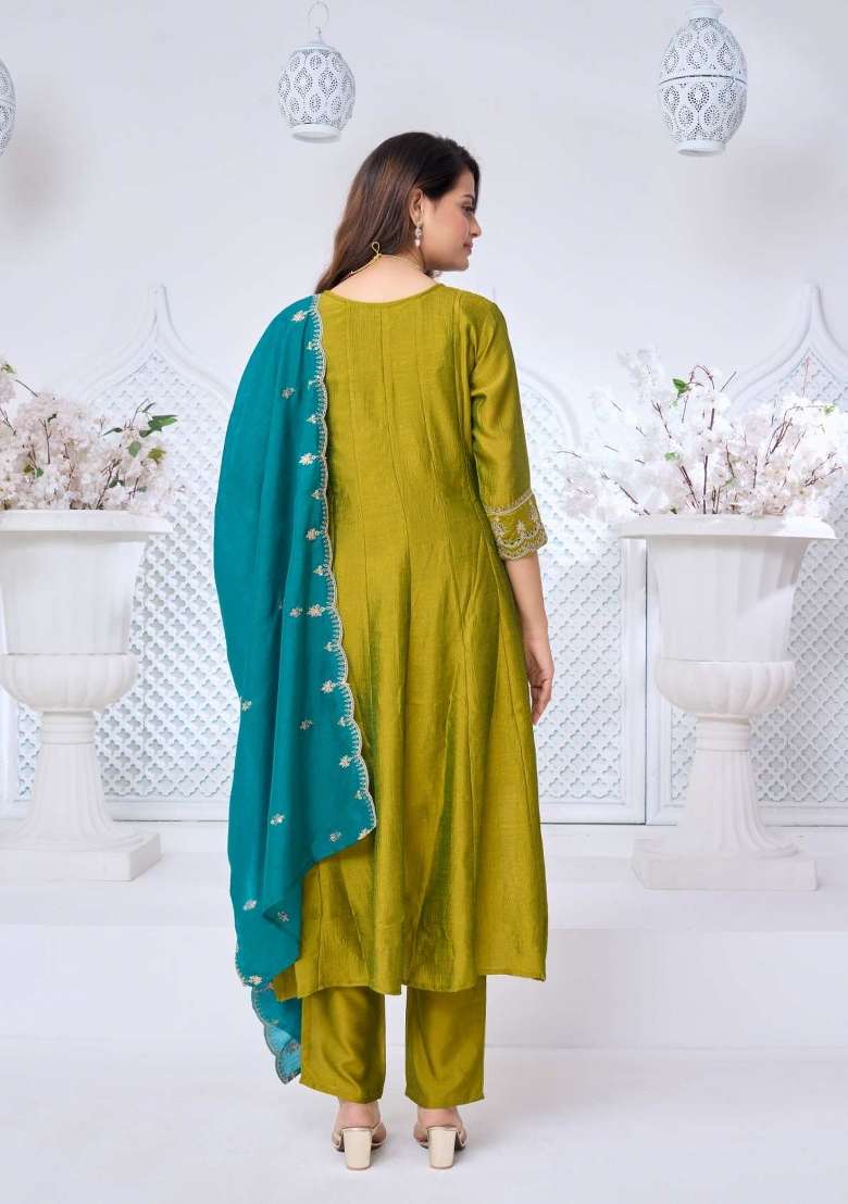 Light Green Embroidered Silk Blend Anarkali Set - Indya