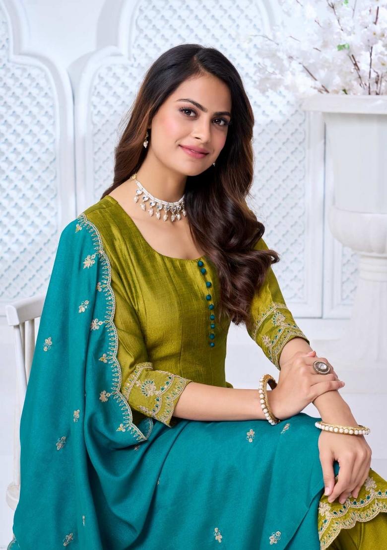 Light Green Embroidered Silk Blend Anarkali Set - Indya