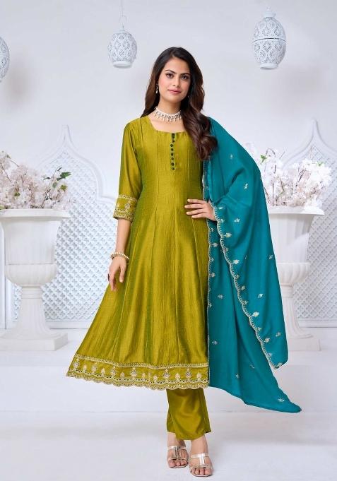 Light Green Embroidered Silk Anarkali Set