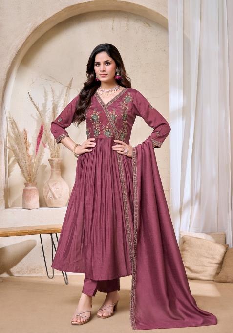 Magenta Embroidered Silk Anarkali Set