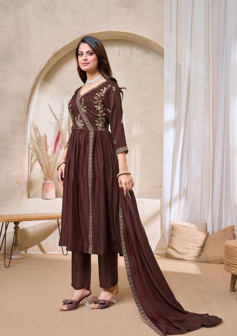 Coffee Embroidered Silk Blend Anarkali Set - Indya