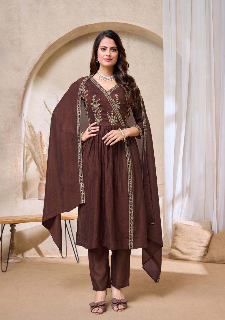 Coffee Embroidered Silk Blend Anarkali Set - Indya