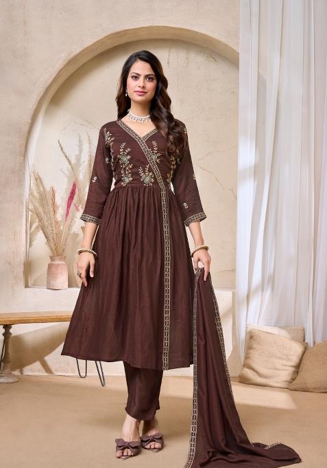 Coffee Embroidered Silk Blend Anarkali Set
