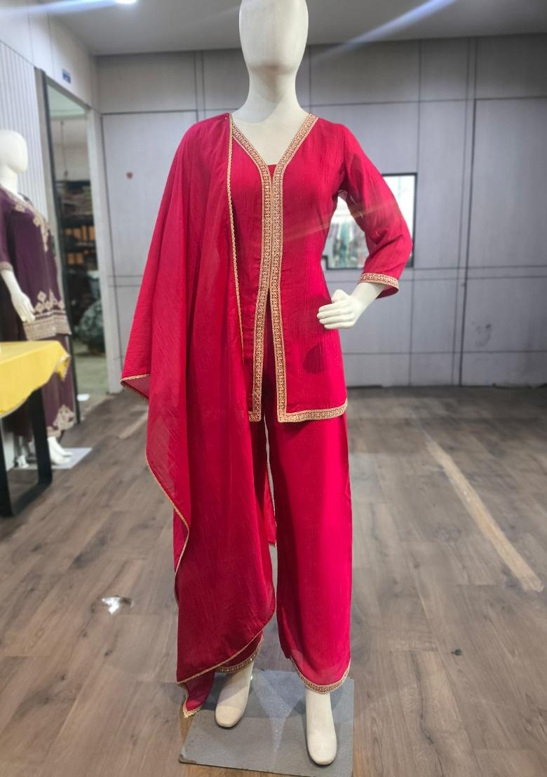 Pink Embroidered Silk Co-Ords Set - Indya