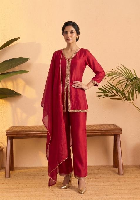 Pink Embroidered Silk Co-Ords Set