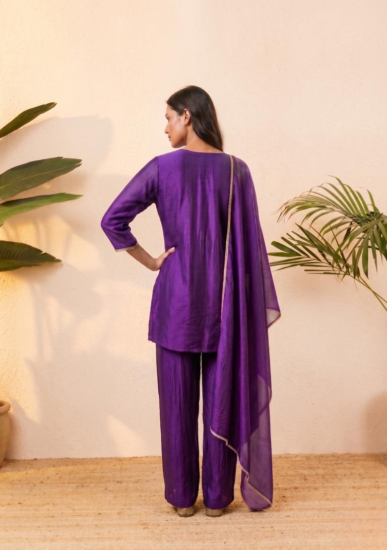 Purple Embroidered Silk Co-Ords Set - Indya