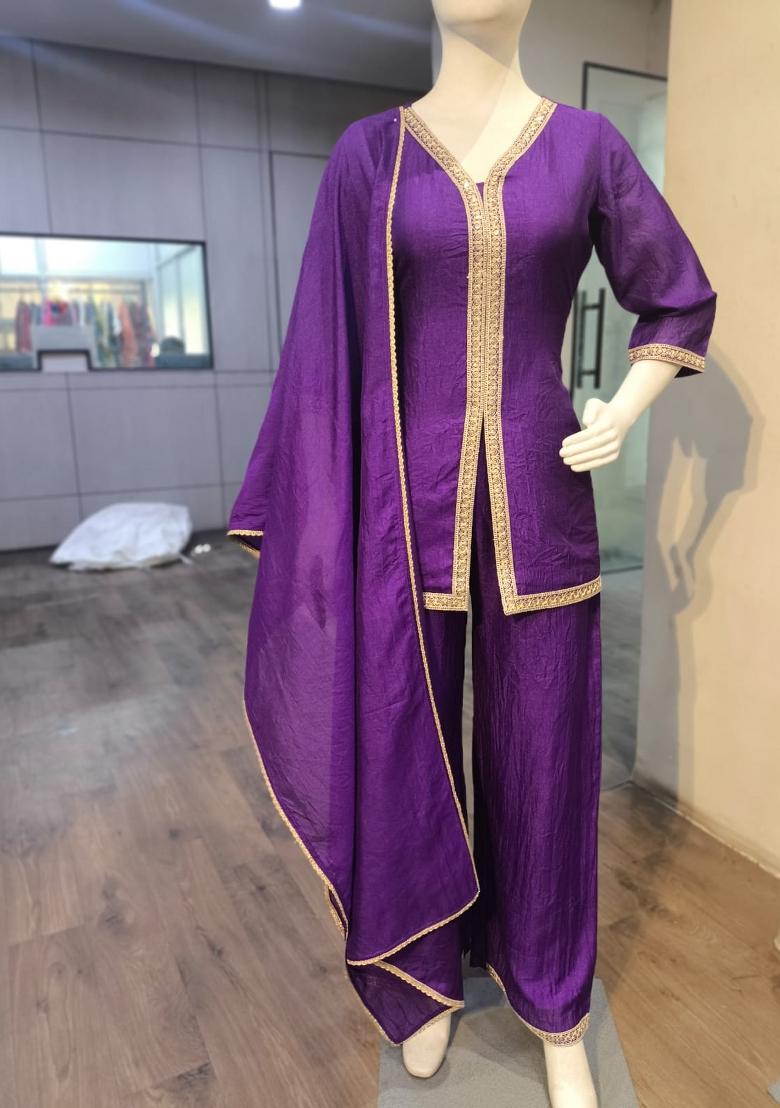 Purple Embroidered Silk Co-Ords Set - Indya