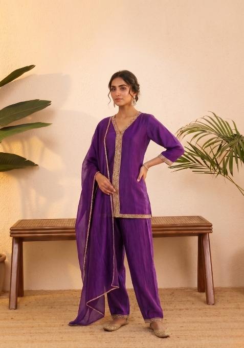 Purple Embroidered Silk Co-Ords Set
