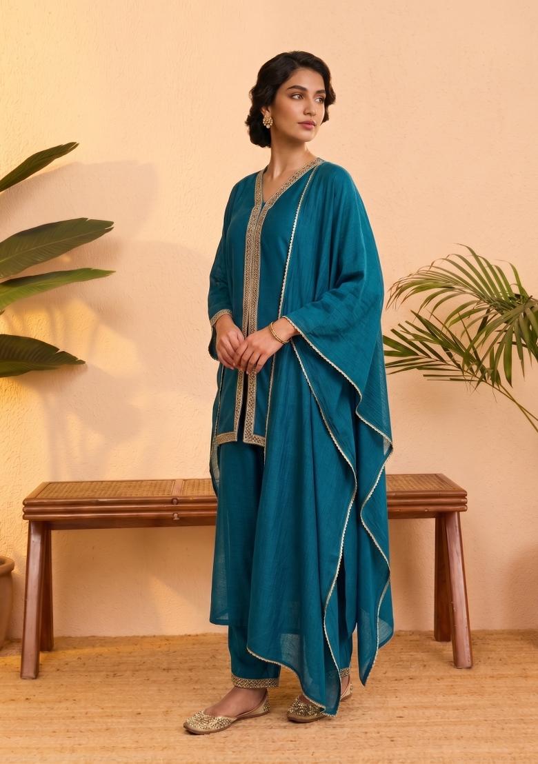 Teal Embroidered Silk Co-Ords Set - Indya