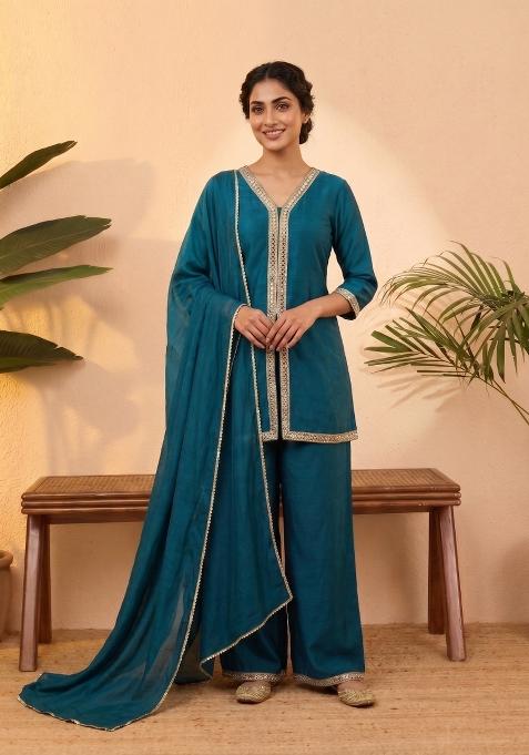 Teal Embroidered Silk Co-Ords Set