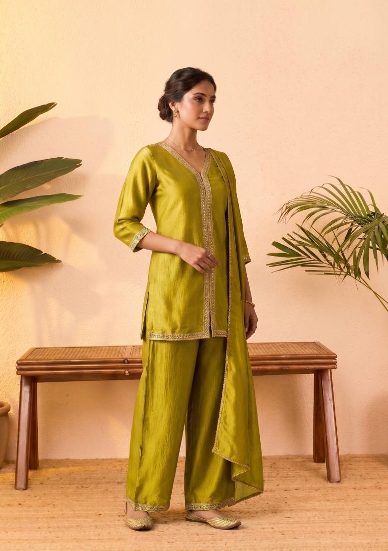 Yellow Embroidered Silk Co-Ords Set - Indya