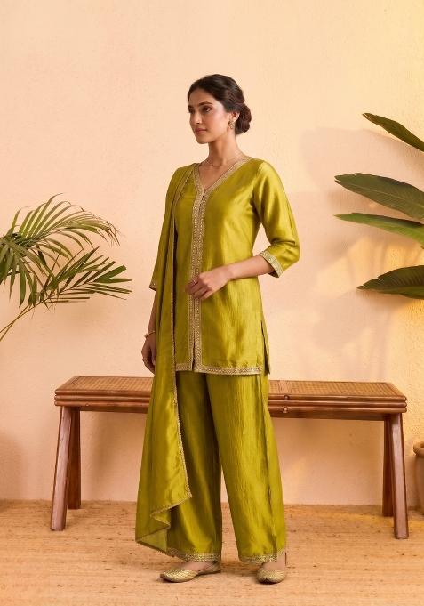 Yellow Embroidered Silk Co-Ords Set