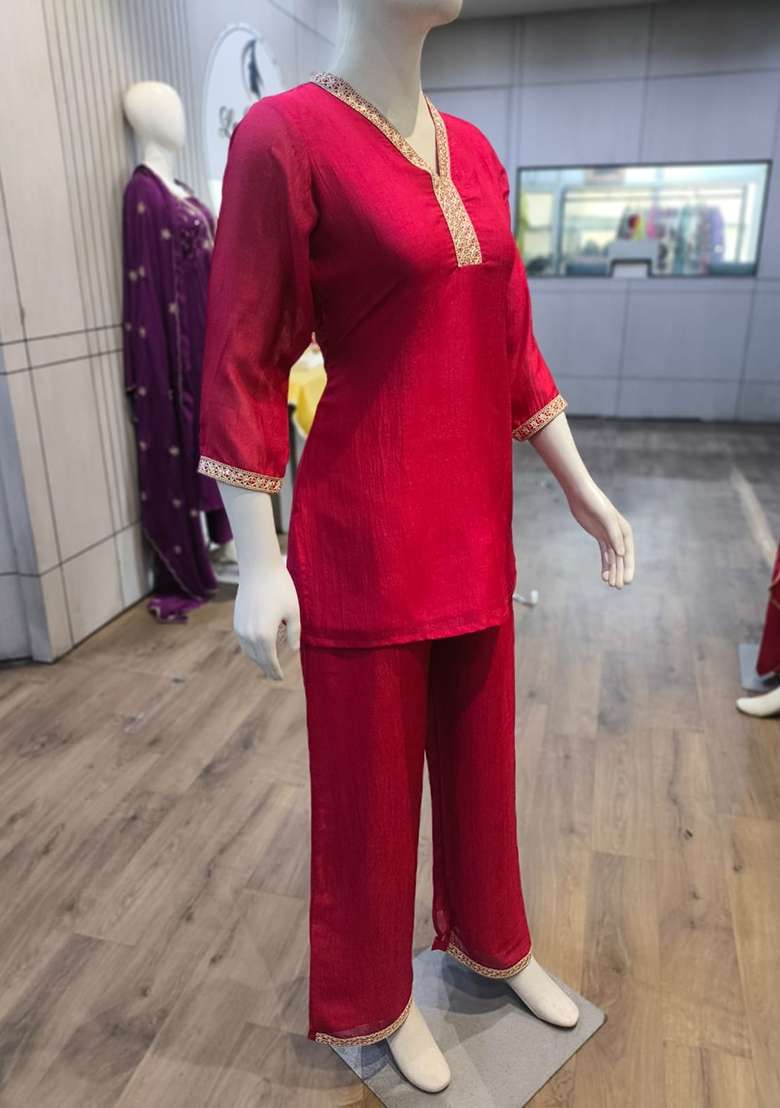 Pink Embroidered Silk Co-Ords Set - Indya