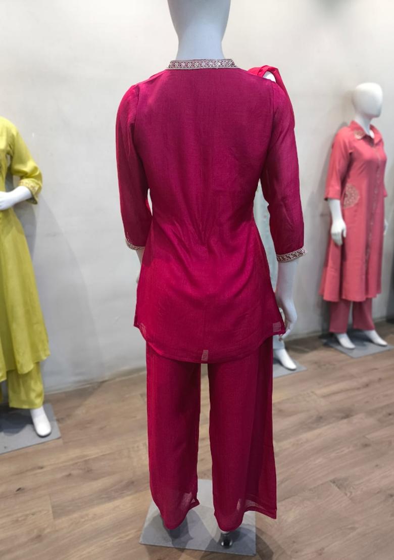 Pink Embroidered Silk Co-Ords Set - Indya