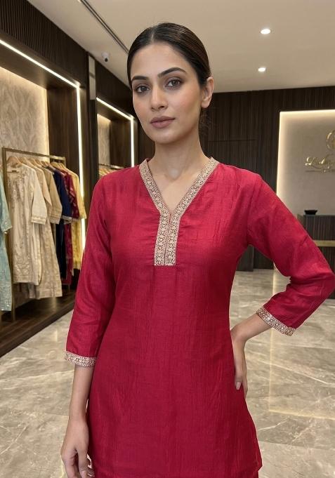 Pink Embroidered Silk Co-Ords Set