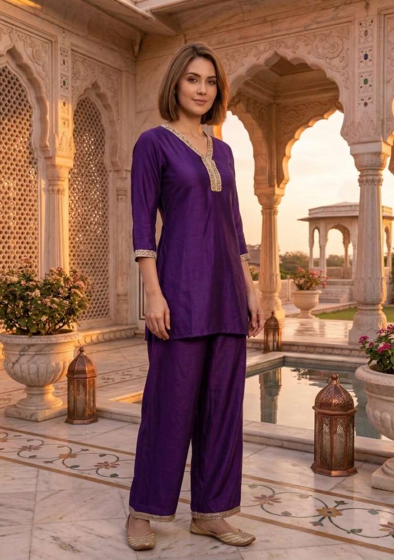 Purple Embroidered Silk Co-Ords Set - Indya
