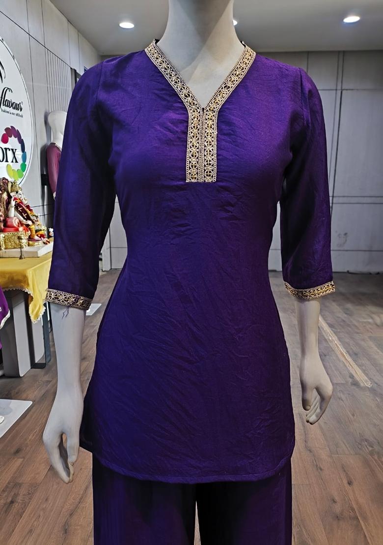 Purple Embroidered Silk Co-Ords Set - Indya