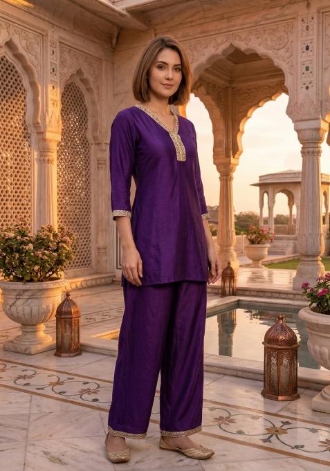 Purple Embroidered Silk Co-Ords Set