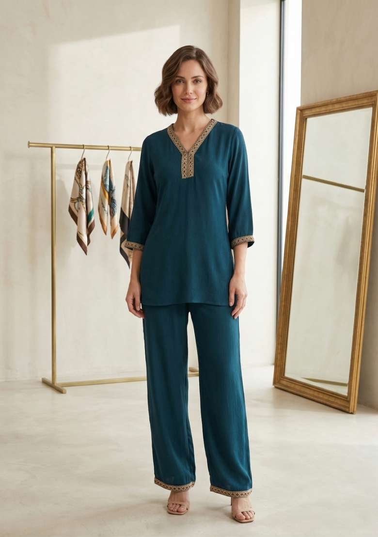 Teal Embroidered Silk Co-Ords Set - Indya